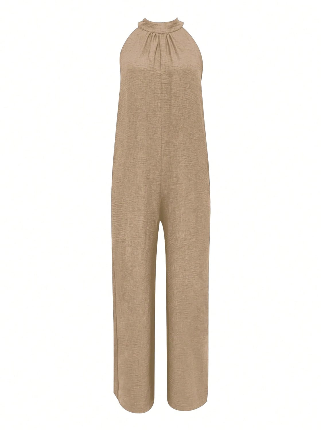 Beige linen halter jumpsuit with a gathered neckline and wide-leg cut in a wide leg halter denim jumpsuit product.