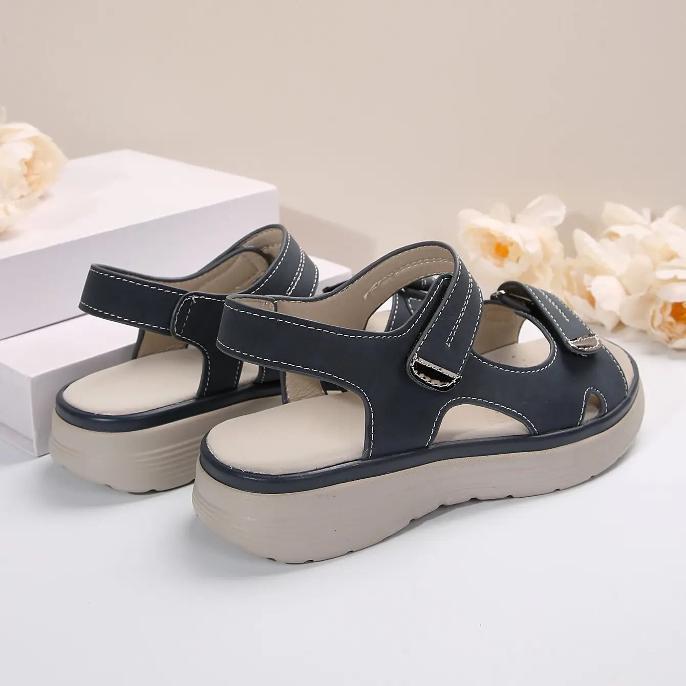 black lightweight fish mouth platform sport sandals for women with two velcro straps white stitching and chunky sole