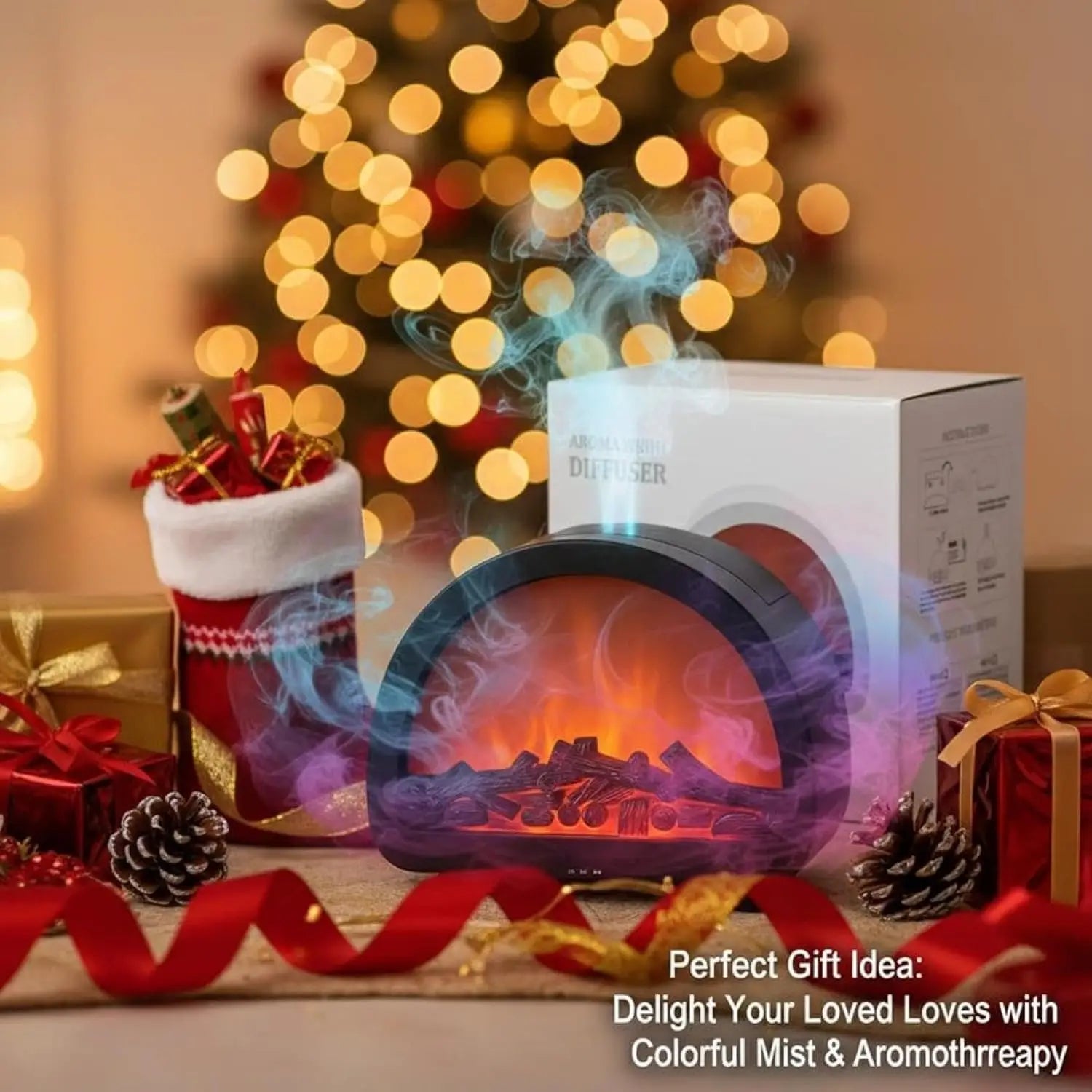 A sleek black-framed flame diffuser humidifier with multi color led mist featuring a glowing orange flame effect and purple mist rising from faux wood logs.