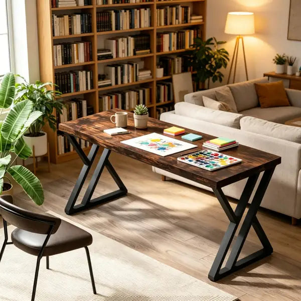 Escritorio industrial de 55 pulgadas de mesa de madera oscura con patas metálicas negras en forma de X y construcción duradera.