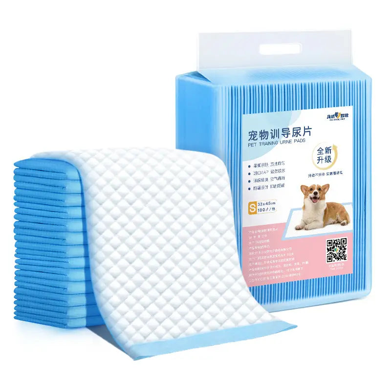 blue and white dog pee pads thickening absorbent pet training mats in a quilted textured packaged stack