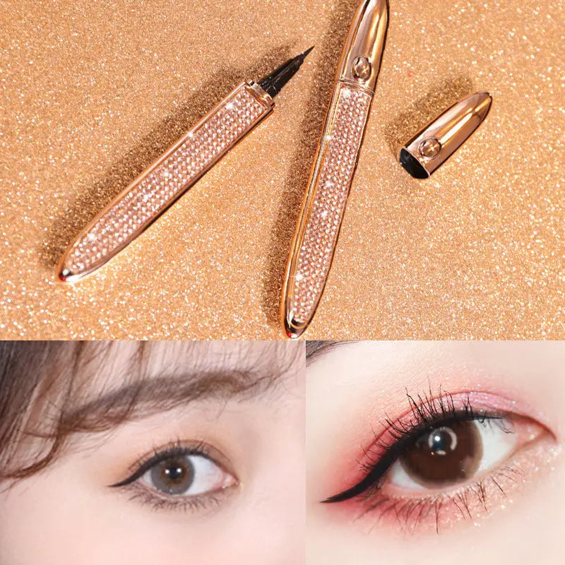 Rose gold self-adhesive eyeliner pen for false lashes with a sparkling rhinestone-encrusted barrel and sleek metallic finish.