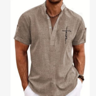 Men embroidered short sleeve polo shirt in beige with subtle textured fabric and black cross embroidery on the left chest.