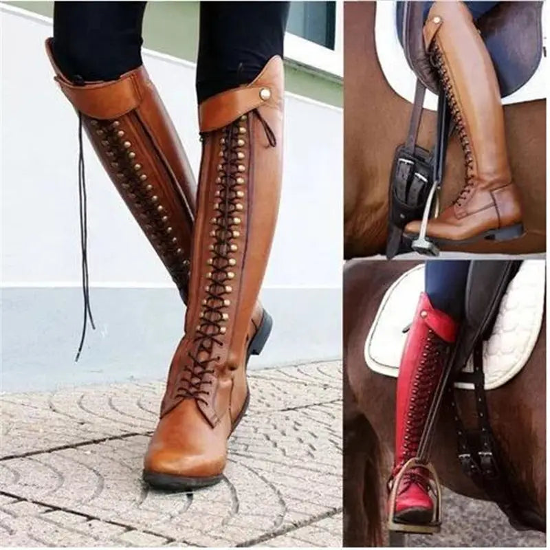 over the knee leather studded riding boots in brown leather with brass colored studs and laces shown in tan and red variants.