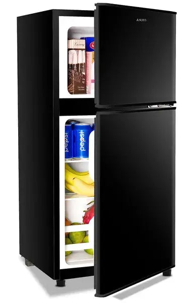 Black anker compact refrigerator two door mini fridge with sleek modern design and glass shelves displaying various food items.
