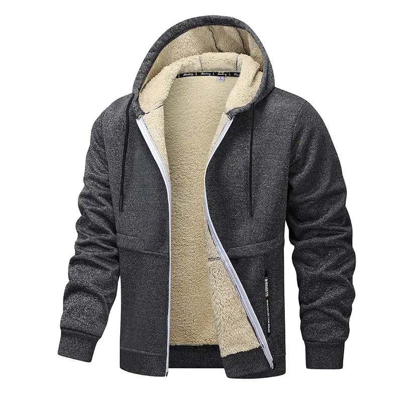 Herren-Schwergewicht-Sherpa-Fleecepullover mit Reißverschluss, innen mit Sherpa gefüttert, in dunkelgrau mit plüschigem beigem Sherpa-Futter und schwarzen Kordeln.