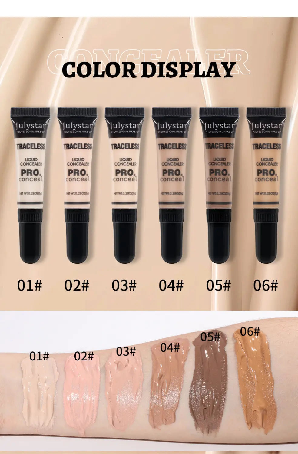 Six sleek black-tipped tubes of julystar traceless pro tattoo concealer liquid makeup displayed with their front sides visible.