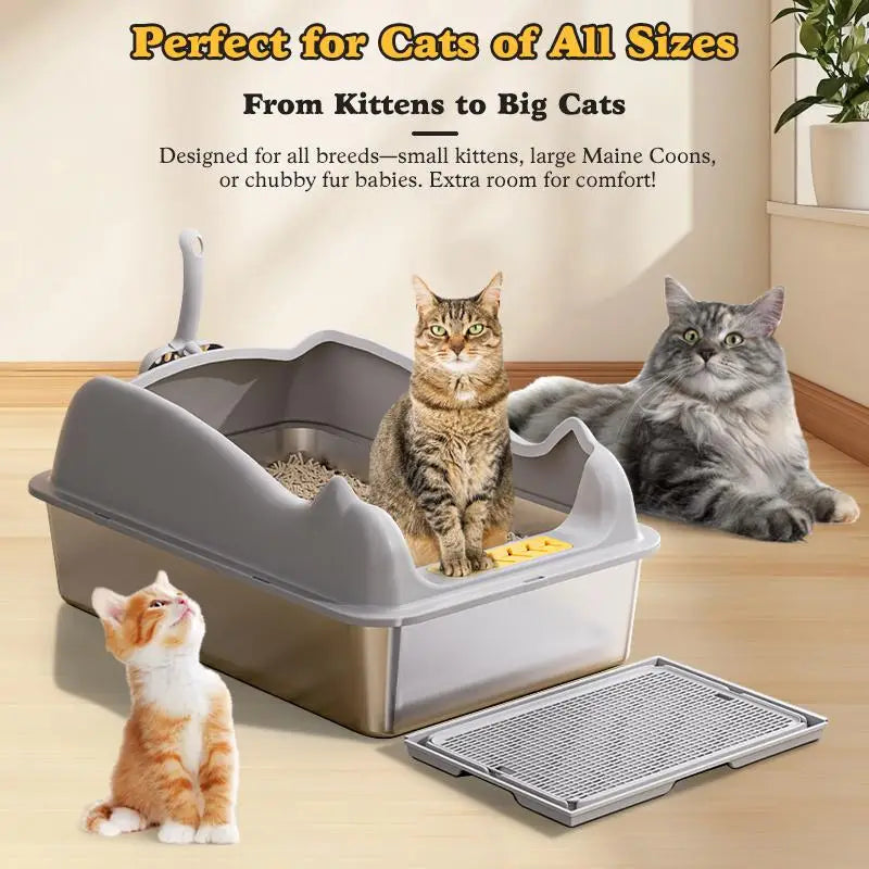 Caja para arena de gato grande de acero inoxidable en plástico gris con un diseño moderno elegante y un borde frontal elevado para facilitar el acceso.