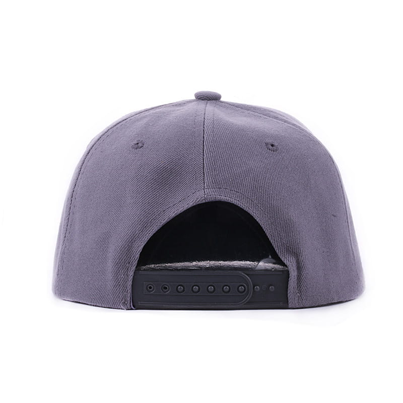 A gray snapback baseball cap featuring a skeleton hand embroidered design with a black adjustable strap and button closure shown from the back.