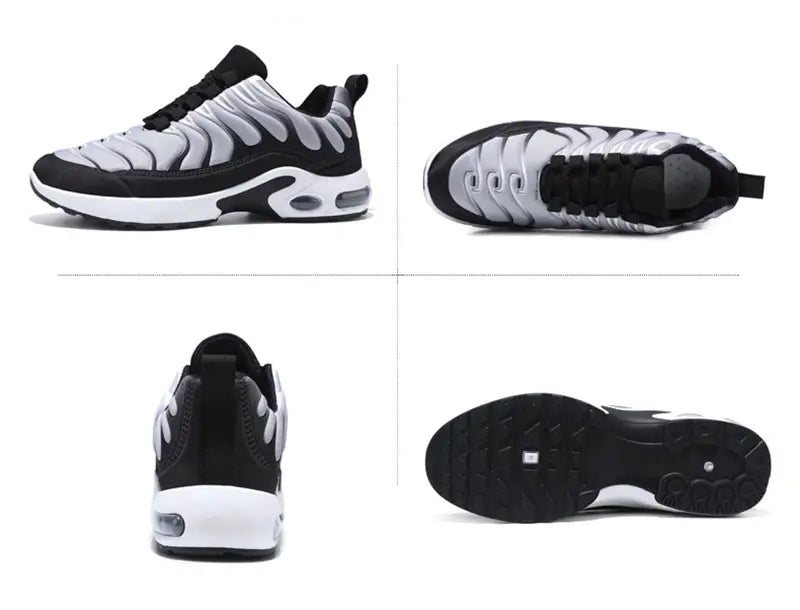 Black and white air cushion running shoes featuring a distinctive wave-patterned upper and an air cushioning unit in the heel for enhanced comfort.