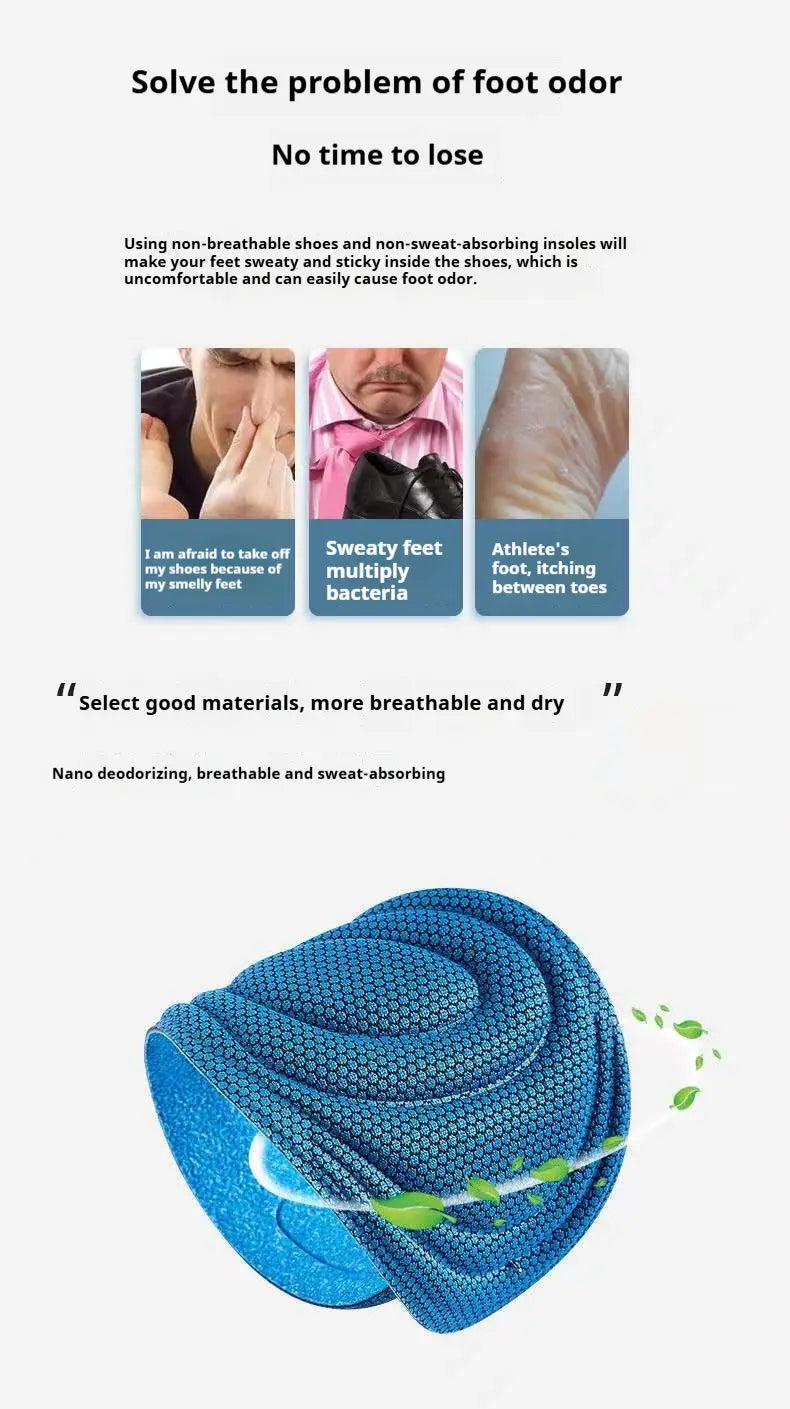 blue nano antibacterial massage insole designed for breathable and sweat-absorbing comfort with shock absorbing arch support.