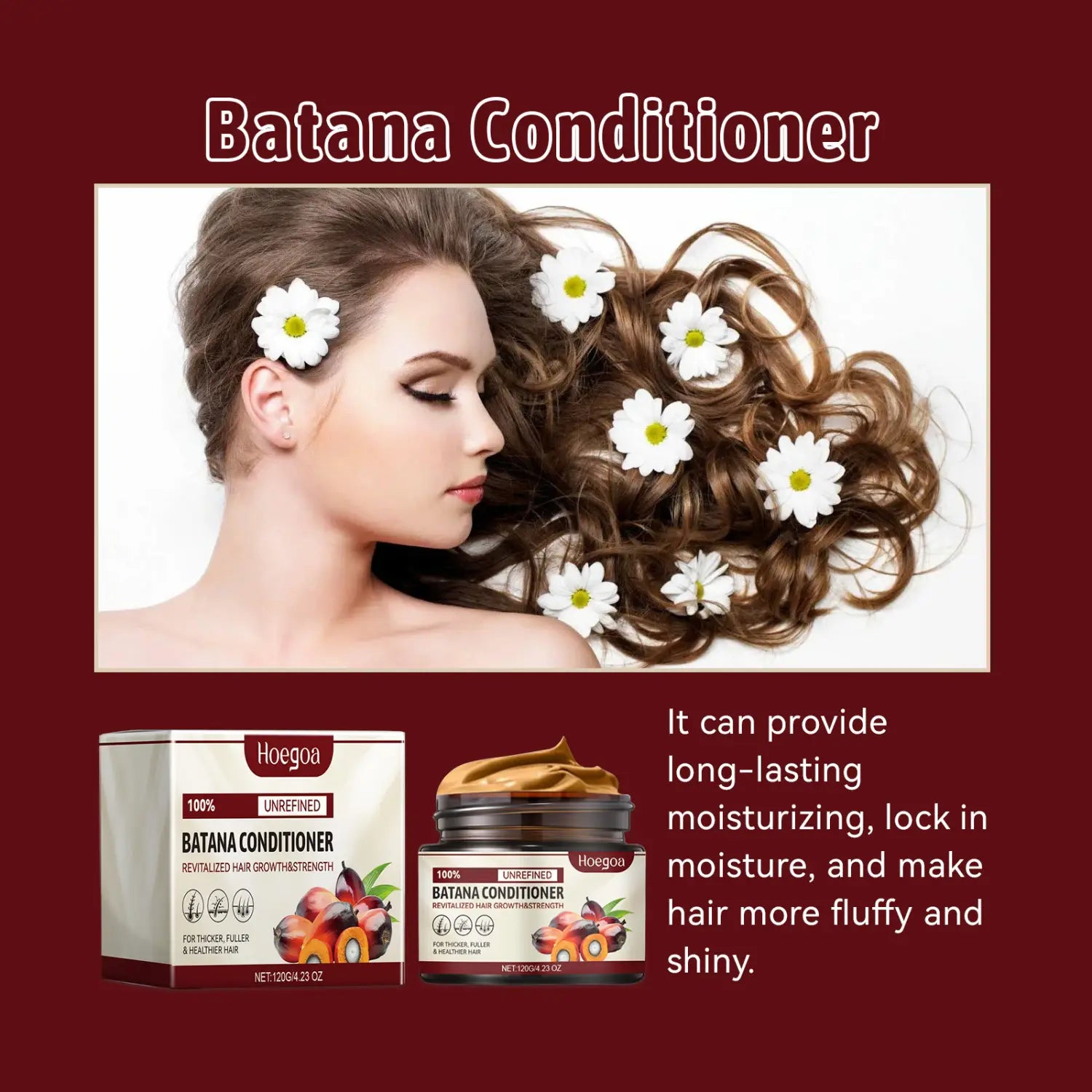 ein elegantes schwarzes Glas mit silbernem Deckel, das Hoegoa Batana-Haarspülung mit Keratin zur Glättung, 120 g, mit einer kräftig braunen Produktfüllung enthält