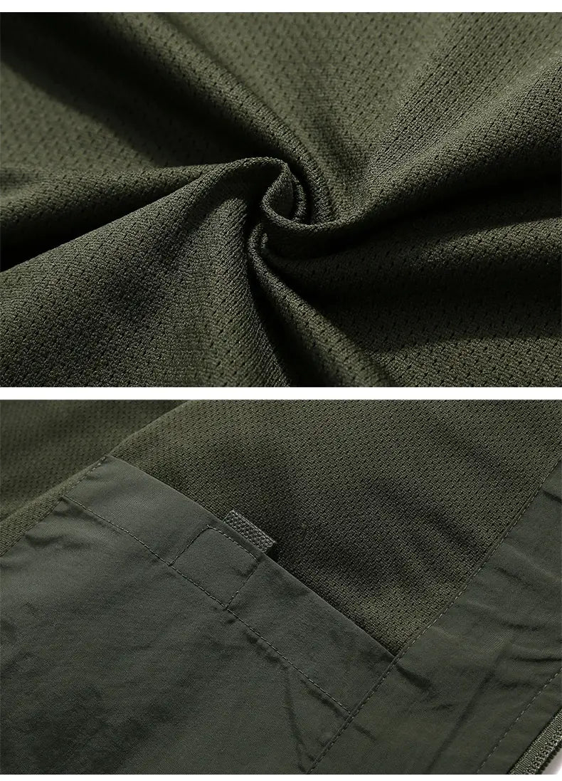 Chaleco utilitario impermeable de color verde oliva oscuro con múltiples bolsillos, fabricado en tejido de malla, con un entramado texturizado sutil y costuras reforzadas alrededor del bolsillo.
