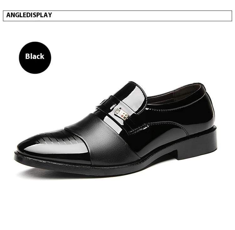Men’s black patent leather lace-up dress shoes with glossy finish and gold-tone buckle for business and formal wear
