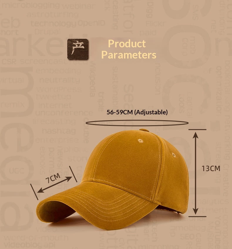 Mustard-yellow men suede baseball cap with adjustable fit and thickened stitched seams designed as a winter hat.