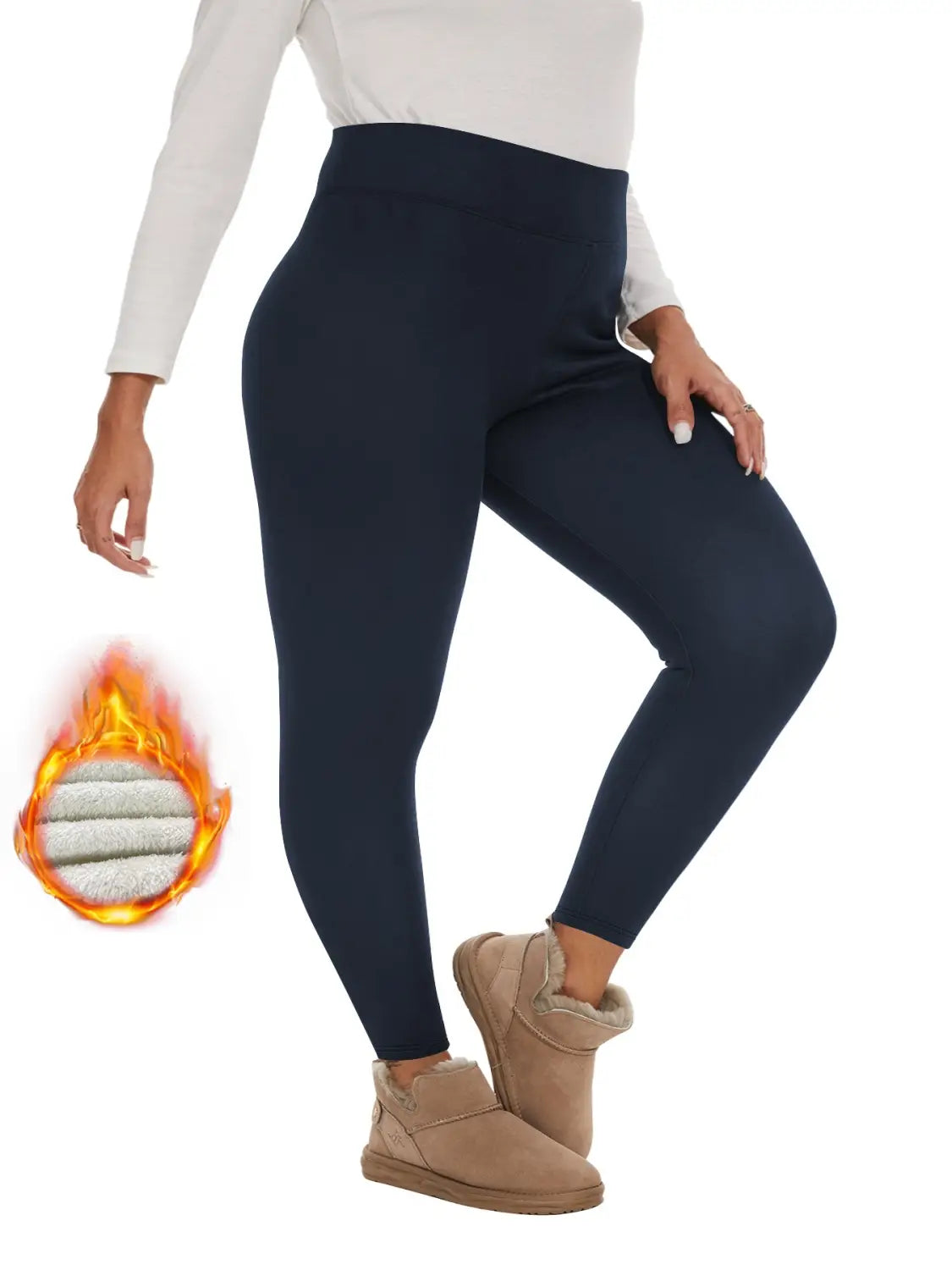Navy blue high waisted winter leggings with a plush fleece lined insulated interior for warmth.