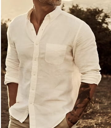 Men’s slim fit cotton long sleeve button down shirt in white linen with rolled-up sleeves and a chest pocket.