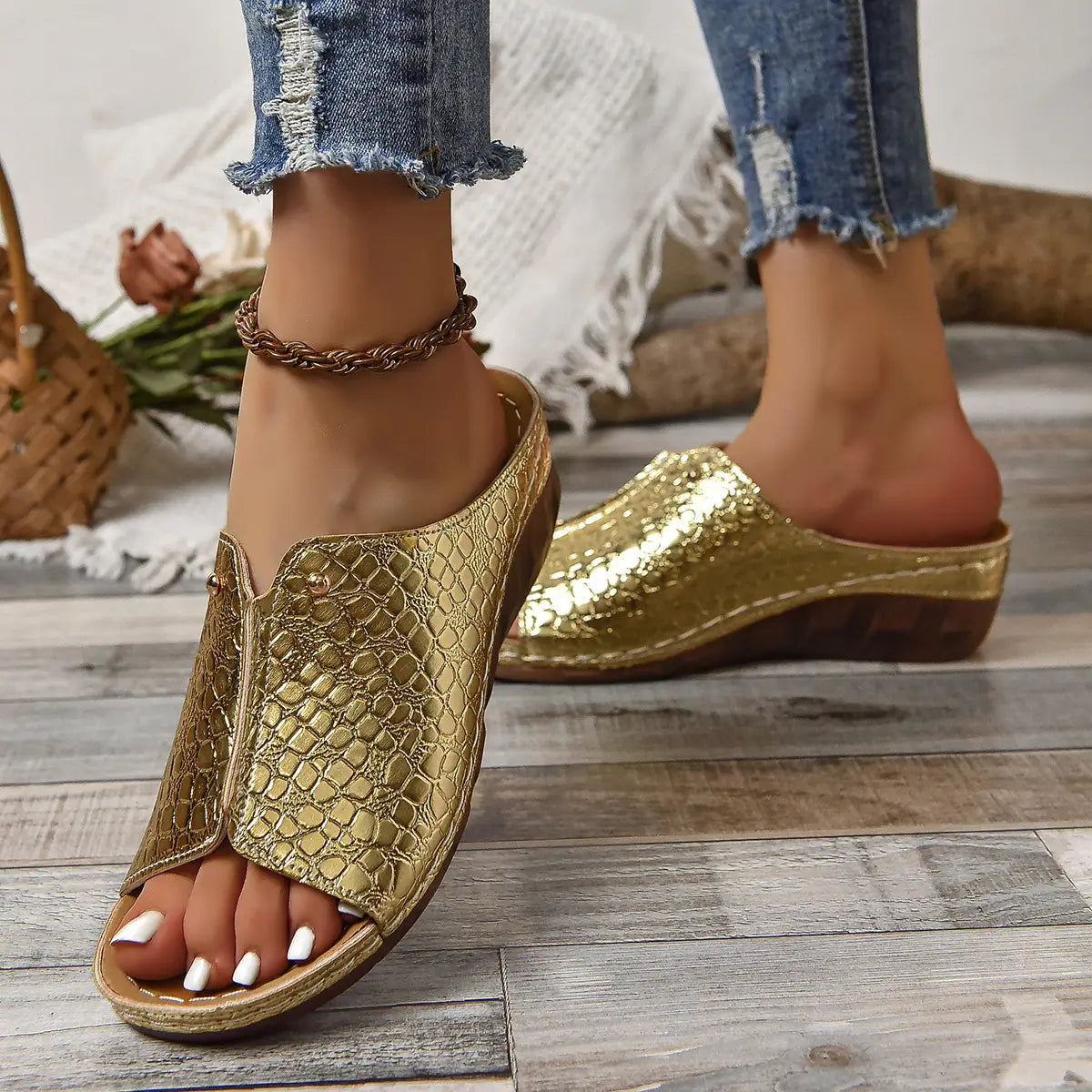 white crocodile-embossed platform wedge sandals for women with brown sole and gold-tone metal accents