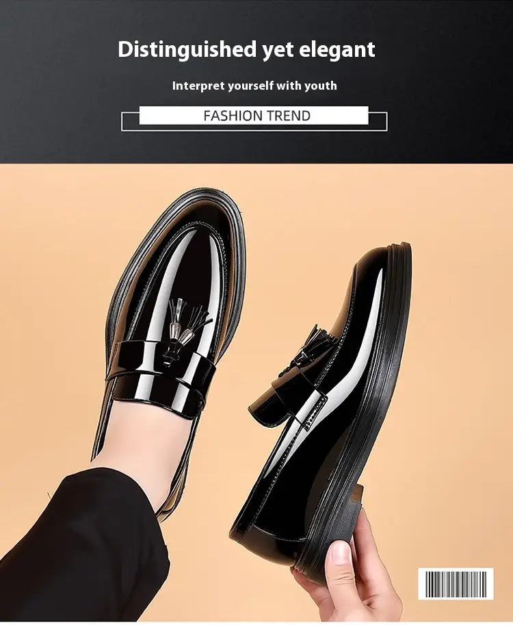 Men’s plus size business casual leather wedge shoe in black patent leather with a glossy finish and tassel detail.