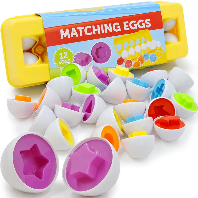 montessori matching egg toy shape and color sorter set featuring colorful plastic eggs with white halves and vibrant purple green orange red blue and yellow interior shapes.