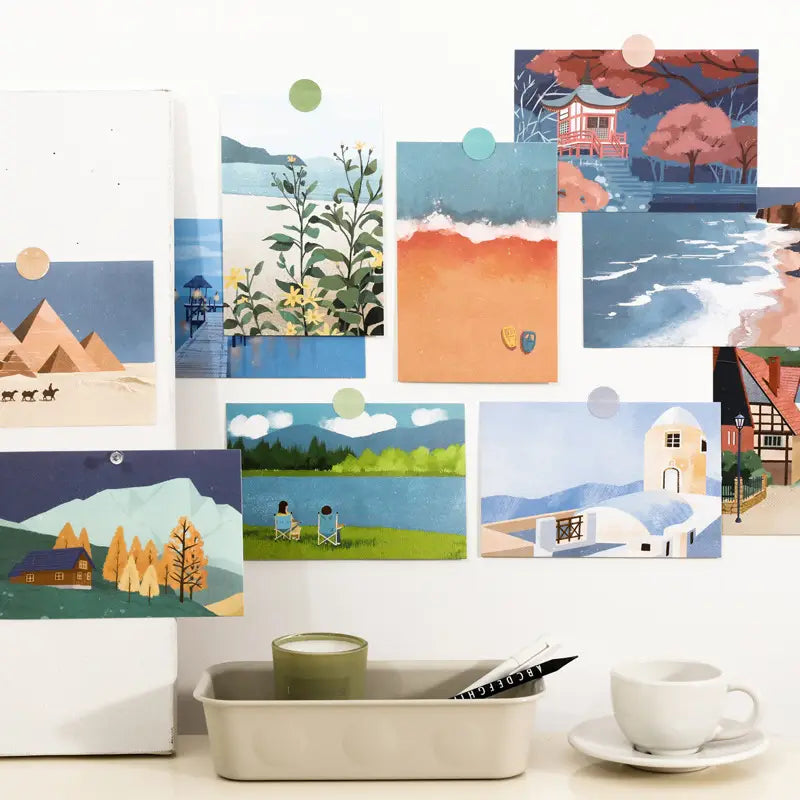 a collection of 15 travel diary winter postcards featuring illustrated scenic landscapes and architectural scenes with soft watercolor textures and vibrant harmonious color palettes for wall decor