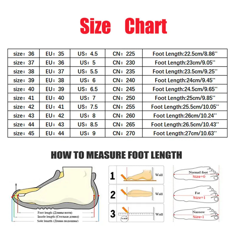 Size chart for bohemian ethnic braided ankle strap flat sandals displaying international footwear measurements with illustrated foot length diagrams.