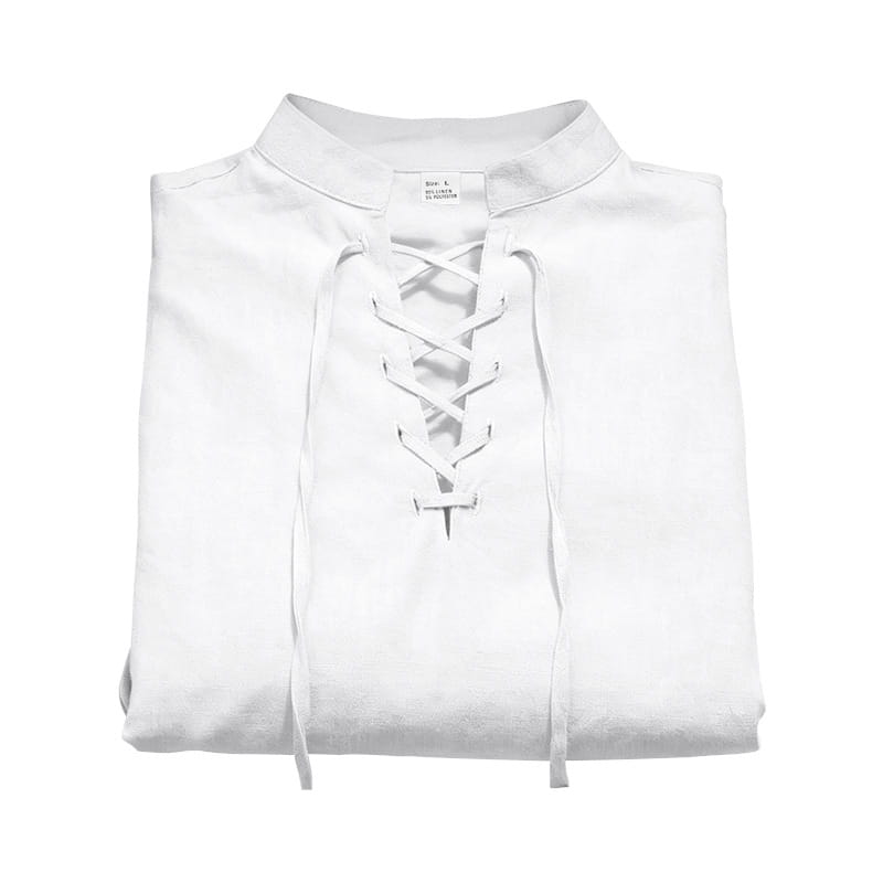 Camisa tipo henley de lino para hombre en color blanco, con cordones al frente, cuello impecable y mangas arremangables.