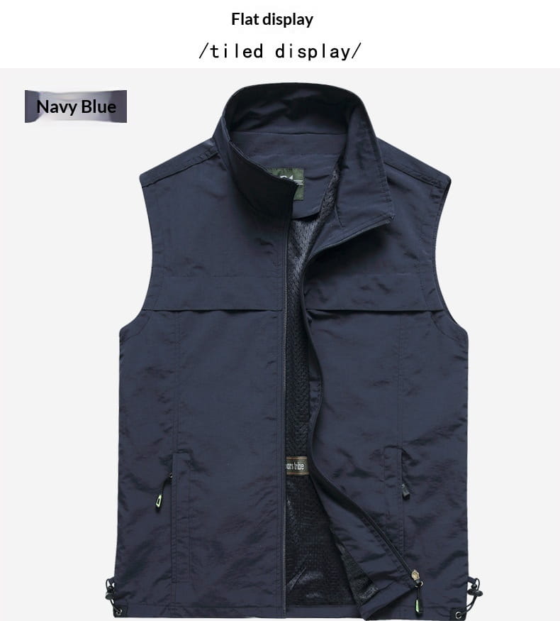 Navy blue men multi pocket fishing vest with sleeveless design high collar and multiple zippered pockets.