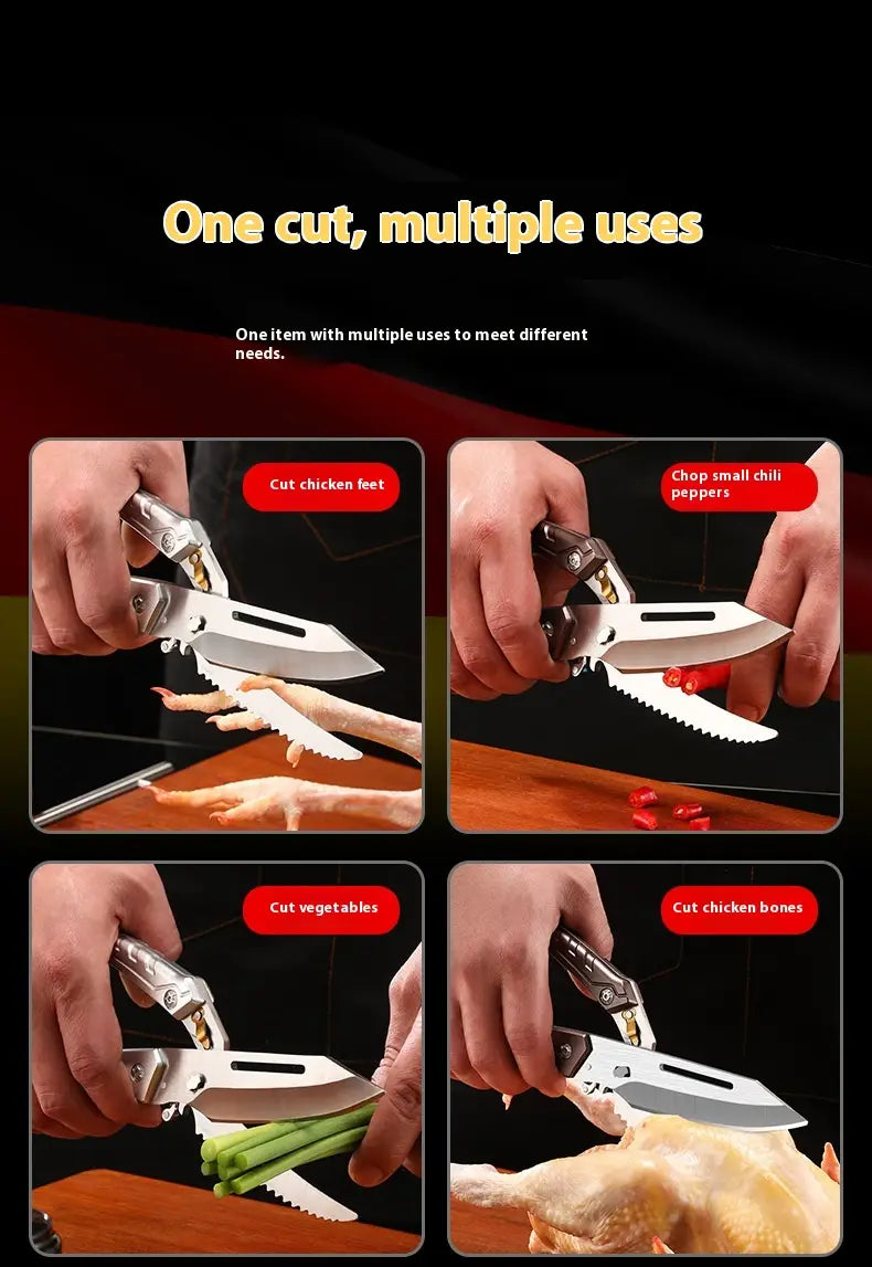 Silver stainless steel chicken bone scissors kitchen shears with serrated blades and a black ergonomic handle designed for cutting chicken feet chili peppers vegetables and bones.