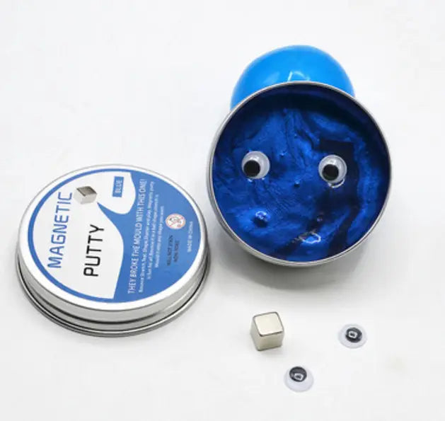 Blue magnetic putty in a silver tin with small magnets and googly eyes displayed as part of a magnetic putty stress relief toy 6 color set.