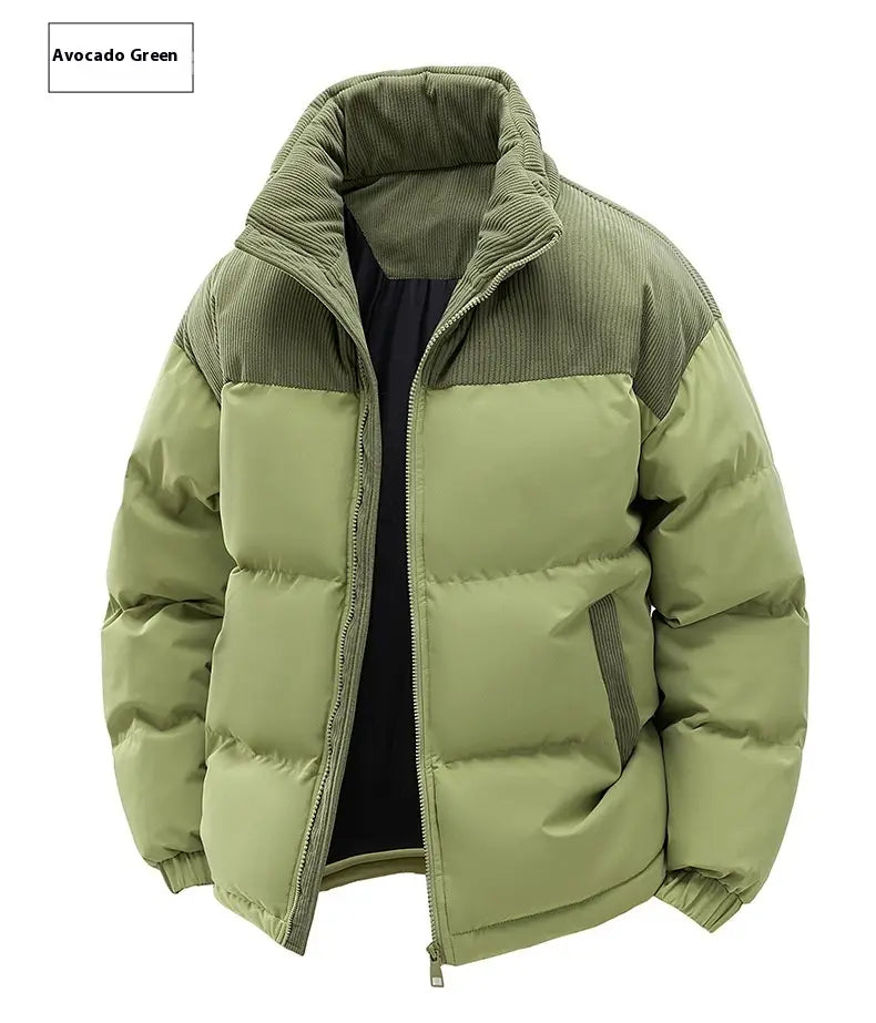 Unisex avocado green corduroy and quilted puffer jacket with high collar and detachable hood.