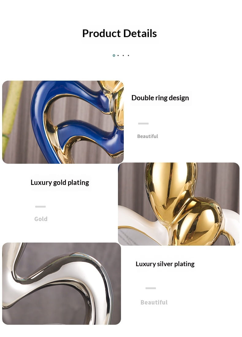 A sleek abstract heart ceramic figurine with a double ring design available in luxury gold or silver plating for modern home decor.