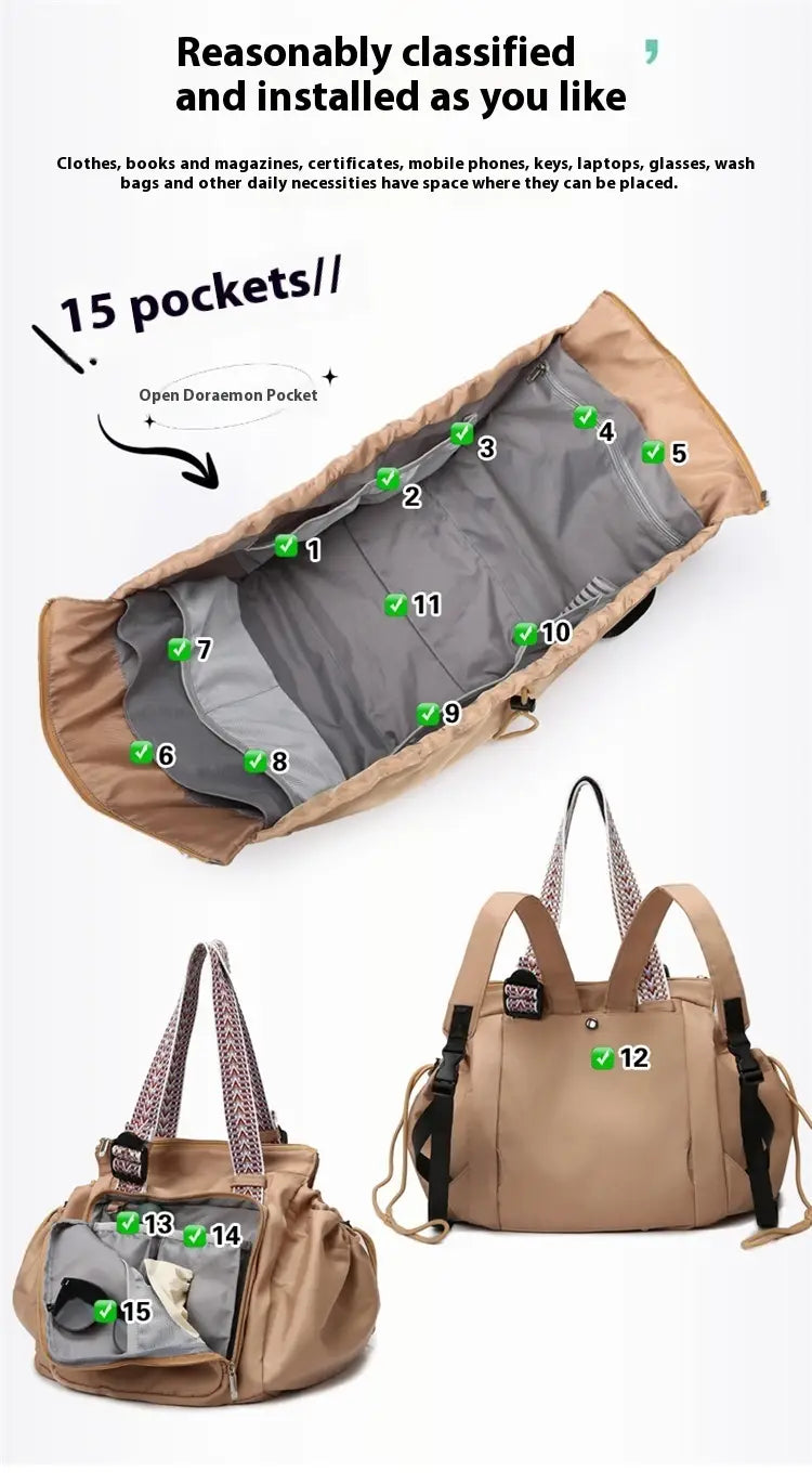 Beige and gray multifunctional waterproof nylon tote and backpack with multi-pocket design and patterned straps.