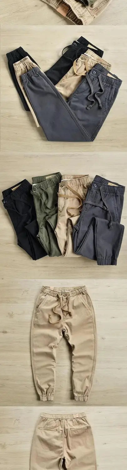 A collection of men’s casual cargo jogger pants in solid black navy blue olive green beige and khaki colors designed for comfortable everyday wear.