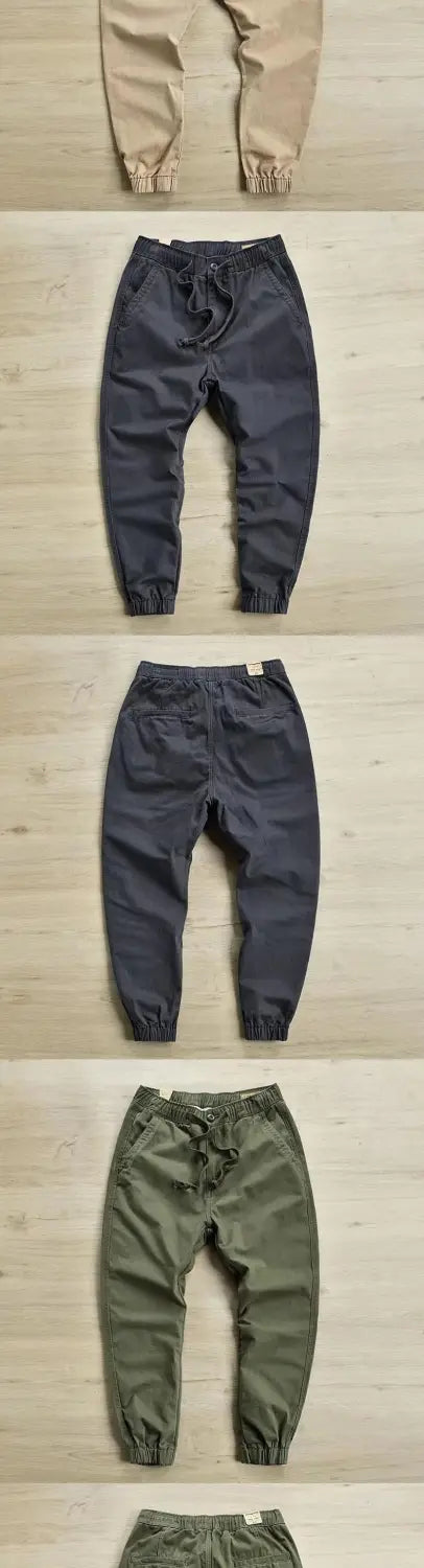 men’s casual cargo jogger pants in beige dark gray and olive green with elastic cuffs and drawstring waistbands designed for comfort and style.