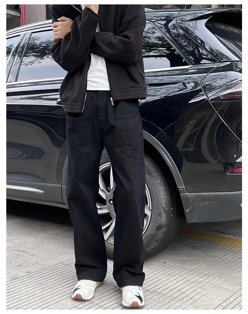 black cotton cargo pants with multiple pockets and relaxed fit for mens workwear