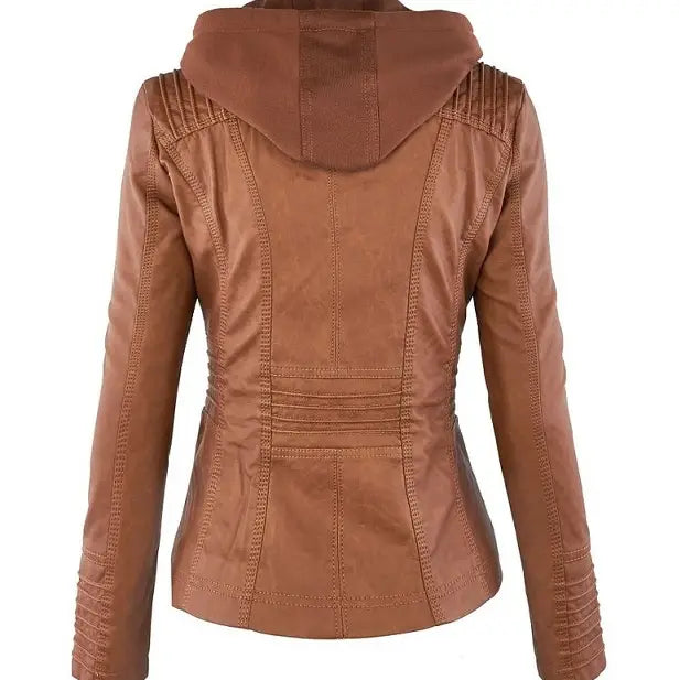 Brown faux leather moto jacket with detachable hood featuring stitched detailing and ribbed cuffs.