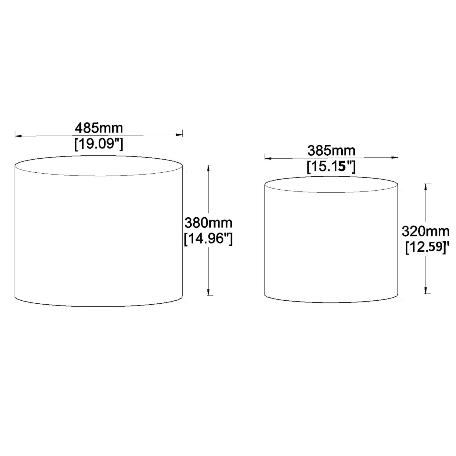 Dos pantallas cilíndricas de cuero marrón tipo silla de montar para el juego de mesa de centro, con diámetros de 485 mm y 385 mm, y alturas de 380 mm y 320 mm.