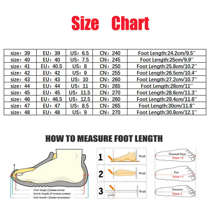 Guide des tailles pour des baskets de loisirs épaisses et imperméables en cuir blanc, présentant des mesures internationales des chaussures ainsi que des schémas de mesure de la longueur du pied.