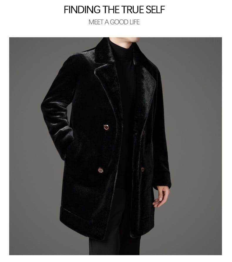 Men’s furs shearling double breasted winter coat in black velvet with a plush fur lined collar and matching cuffs fastened with gold toned buttons.