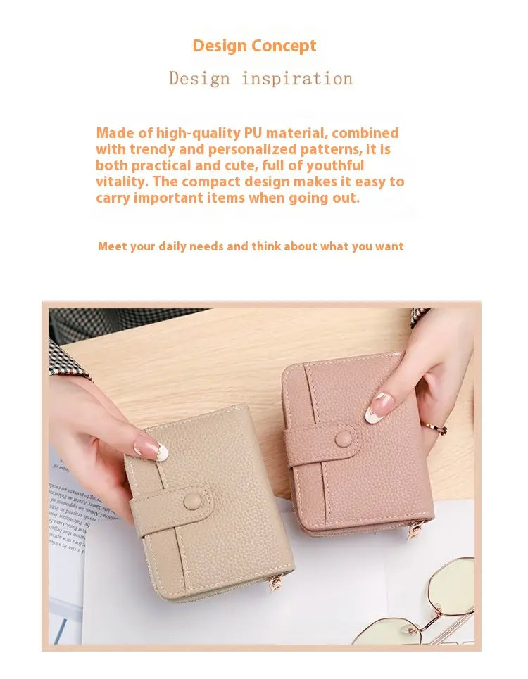 Compact two-tone leather mini organ wallet in beige and dusty rose made of PU with a flap closure secured by a single button.