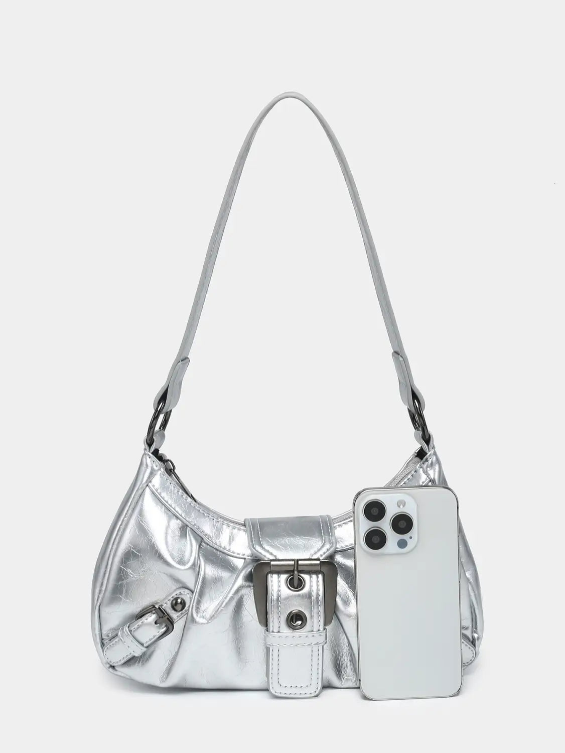 Silver metallic vintage leather shoulder bag with a sleek glossy finish and prominent buckle closure.