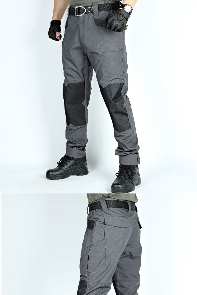 pantalon tactique ix6 pour hommes, modèle cargo utilitaire pour l’été, en gris, avec panneaux de genou renforcés noirs et multiples poches utilitaires conçues pour la durabilité et la fonctionnalité.