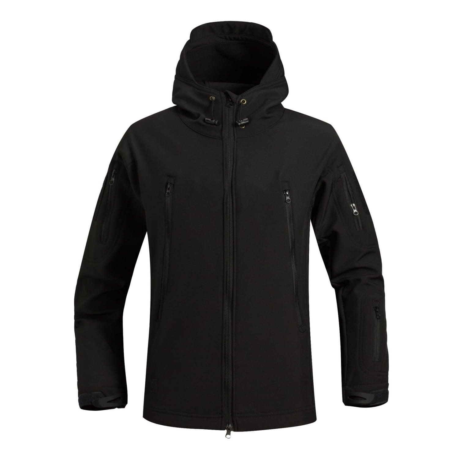 Veste tactique soft-shell à capuche noire, avec poches zippées sur la poitrine et sur les manches, conçue pour un usage extérieur et tactique