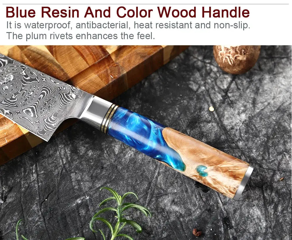 Cuchillo de chef de acero damasco de Damasco con mango de resina azul y madera de colores, con hoja de acero damasco de patrón.