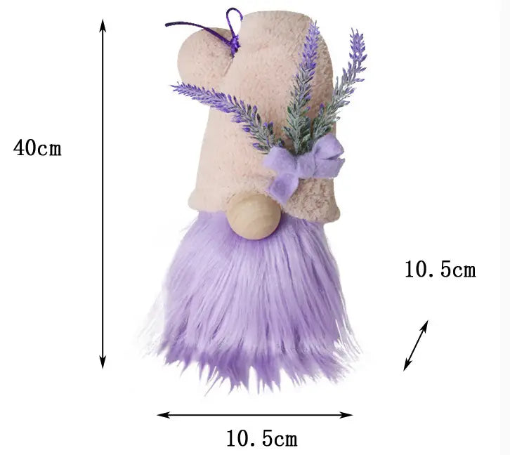a plush lavender and pink gnome doll desktop ornament featuring a fuzzy purple beard, beige felt body, and decorative sprigs of faux lavender tied with a matching bow