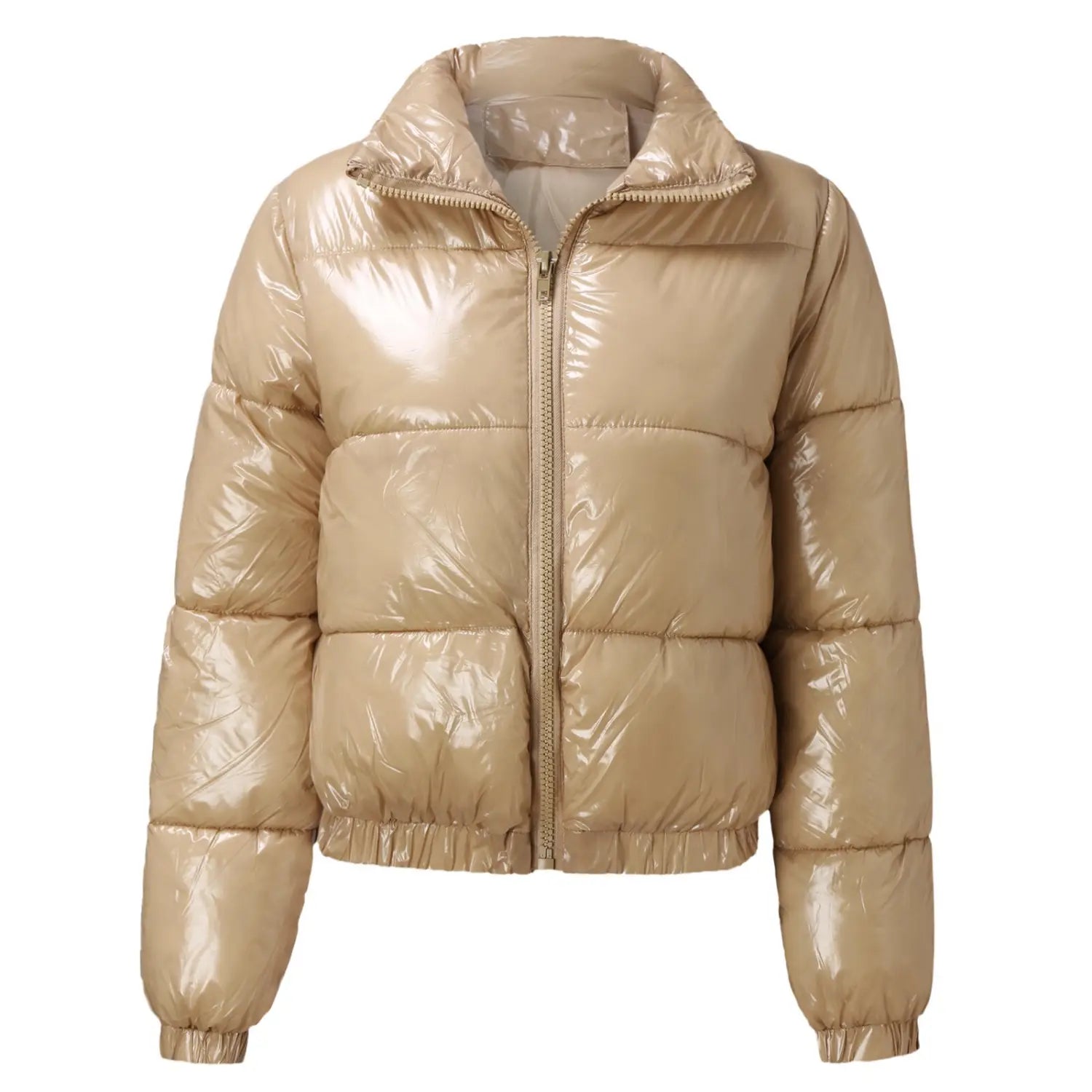 A shiny metallic gold glossy puffer jacket with quilted design elastic cuffs short cotton padded for women warm.