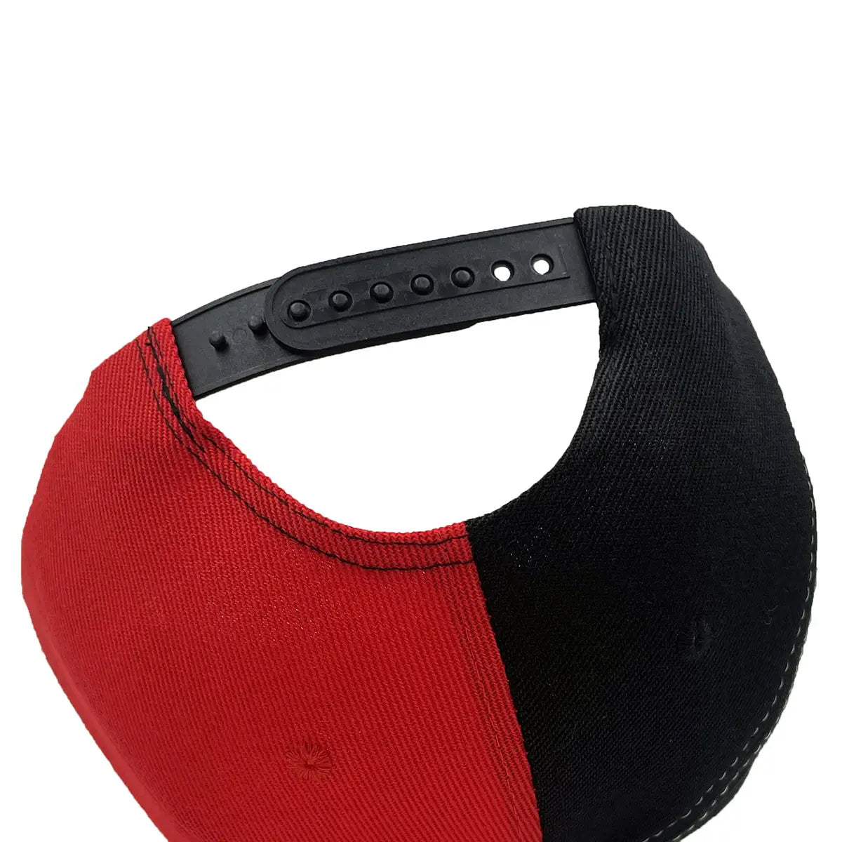 Red and black two-tone embroidered hip hop snapback cap with a black adjustable strap shown from the back.