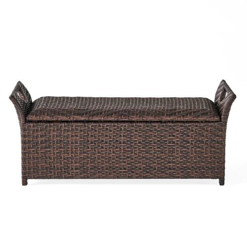 Brown woven wicker storage bench with matching lid and curved handles designed for outdoor seating and storage.