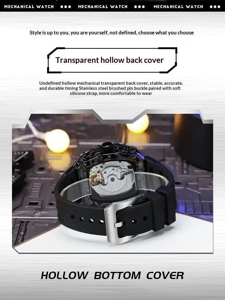 men’s barrel skeleton automatic mechanical sport watch black with transparent hollow back cover stainless steel brushed pin buckle and soft silicone strap shown from the back side